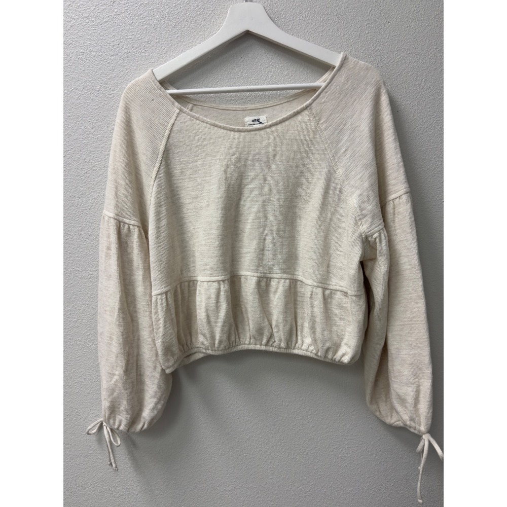 Aerie Peplum Top Womens Medium Cream Good Balloon Sleeve Waffle Knit Cropped
